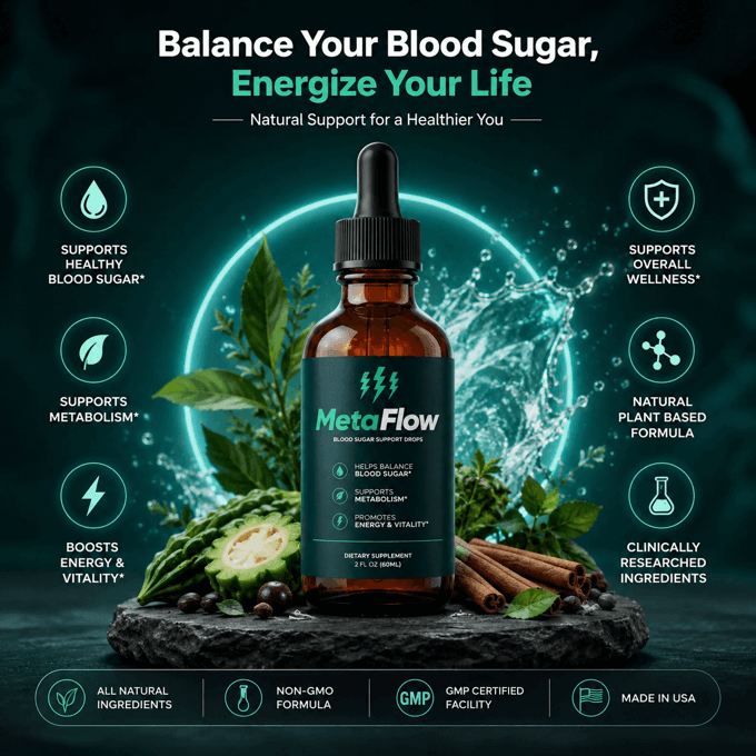 MetaFlow natural blood sugar supplement — 6 plant-based herbs for glucose support, energy, and metabolic health
